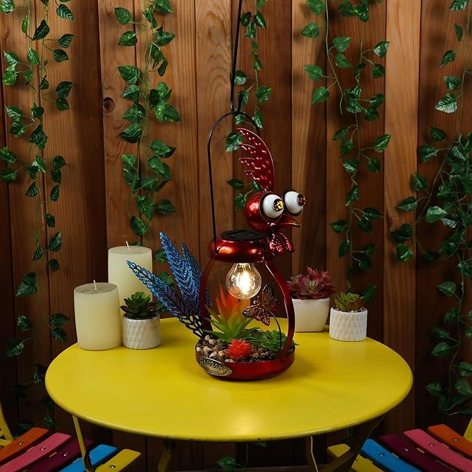 Alpine Corporation LYT286SLR-HH Solar-Powered Metal Rooster w/Garden Enclosed LED Light Decor, Solar Patio Decor, 16''H, Red