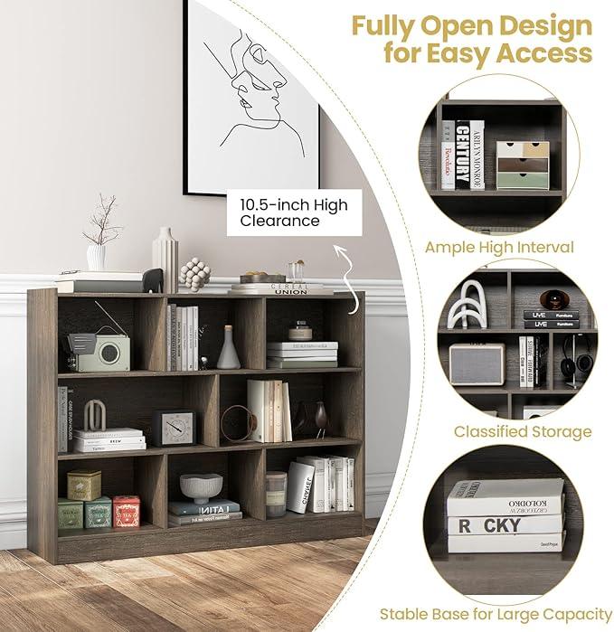 Tangkula 8-Cube Bookcase, Wood 3 Tier Open Storage Bookshelf, Modern Multipurpose Display Cabinet for Living Room, Study, Reading Nook, 48 x 12.5 x 36.5 Inch, Grey