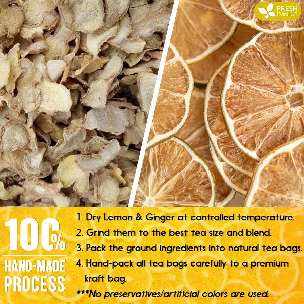 Premium Lemon Ginger Tea Bag, Eco-conscious Tea Bags. Lemon Ginger Herbal Tea. No Sugar, No Caffeine, No Gluten, Vegan.
