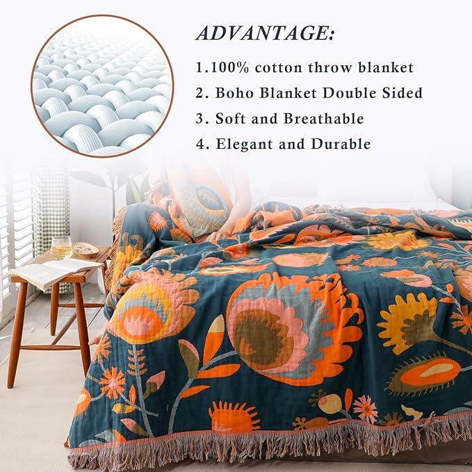 Snycler Boho Throw Blanket for Bed, 100% Organic Cotton Muslin Soft Throw-Orange Boho Floral Farmhouse Rustic Spring Summer Fall Decor Blanket for Couch Sofa Quilt and Gift, 80
