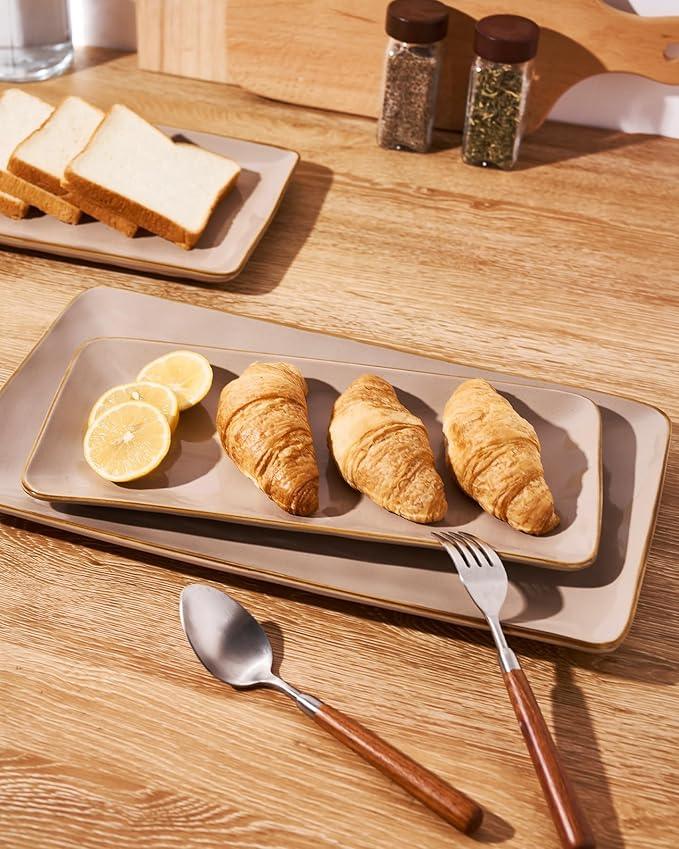 famiware Serving Platter, Rectangular 15.67/14.1/12.6 inch Serving Dishes for Entertaining, Microwave Dishwasher Safe, Stonware Serving Trays for Party, Turkey, Cheese, Ocean Series, Cinnamon Brown