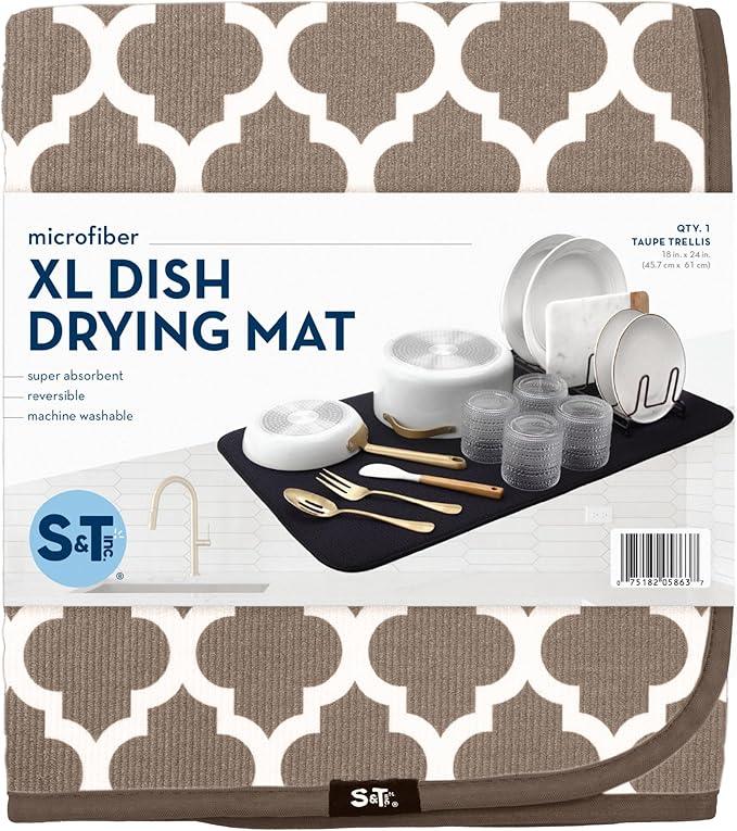 S&T INC. Dish Drying Mat XL, 18” x 24”, Absorbent Microfiber Kitchen Counter Mat, Dish Drying Pad for Dishes, Utensils, Pots and Pans, Extra Large, Taupe Trellis