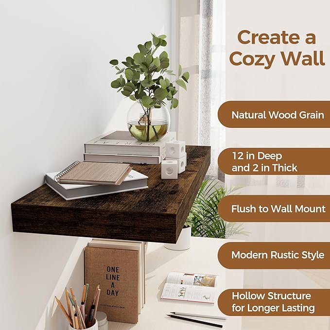 12 Inch Deep Floating Shelves, 24 x 12 Floating Shelf for Books, Rustic Wood Deep Wall Shelves for Home Storage & Display, 2