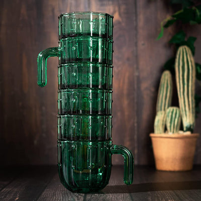 Cactus Stackable Glasses, Stacktus Gifts, Set of 6-10 oz Cactus Shape Glasses With Handles Green Glass Blown Figurines Plant Decorations for Parties 3.5