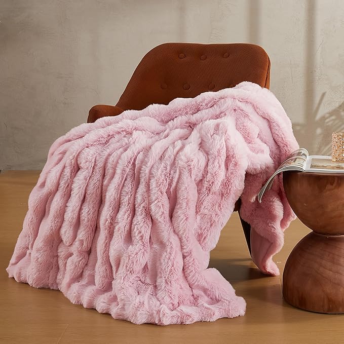 JELLYMONI Faux Fur Throw Blanket, Pink Fuzzy Cozy Plush Bubble Bed Blanket, Thick and Warm King Size (108