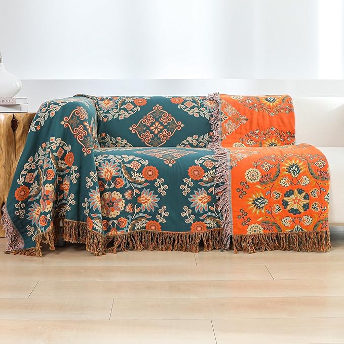 Throw Blanket for Couch Bed Chair,100% Cotton Soft Lightweight Blanket Rustic Quilt -Orange Floral Printed Farmhouse Decor Bed All Season Blankets,90
