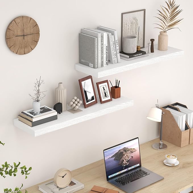 Fun Memories White Floating Shelves 36 Inch Long, 9 Inch Deep Wall Shelves Set of 2, 36 x 9 Floating Shelf for Wall, Rustic Wood Floating Shelves for Kitchen, Living Room, Bedroom
