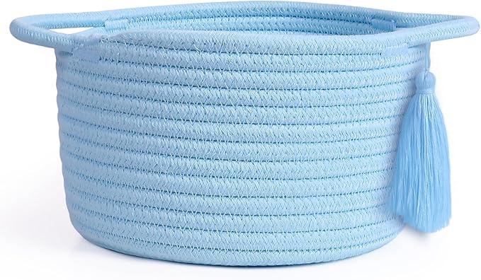 Empty Gift Basket – SweetMemo Mini Woven Rope Organizer Baskets for Gifting, Baby Shower, Desk, Makeup Brushes, Bathroom, Shelves – Small Decorative Storage Bin with Gift Bag & Ribbon – Soft Blue
