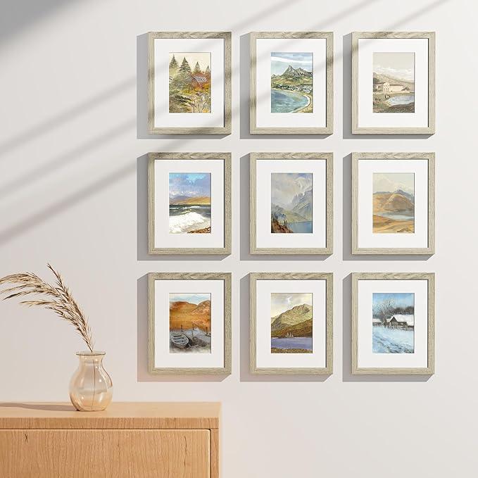 Vittanly 8x10 Picture Frames Set of 9, Shatter Resistant Plexiglass, Display 5x7 Pictures with Mat or 8x10 without Mat, Photo Frames for Wall or Tabletop, Engineered Wood, Driftwood