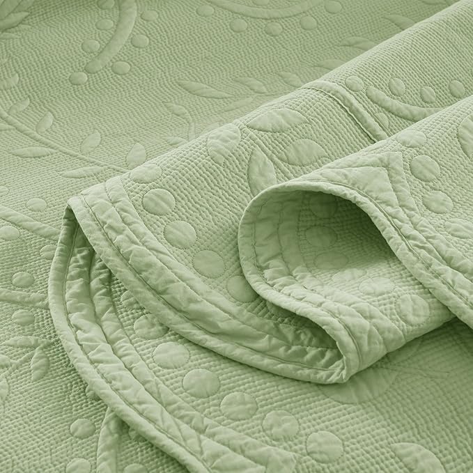 MarCielo 3-Piece 100% Cotton Oversized Bedspread Lightweight Quilt Coverlet Embroidery Farmhouse Bedding Set (TX Pale Green, Oversized Queen (100