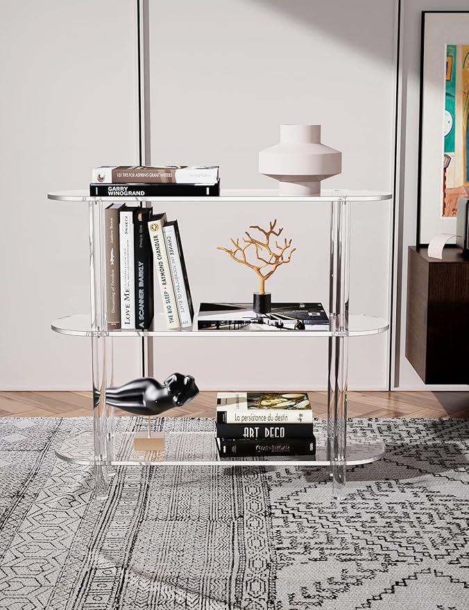 Clear Bookshelf, Acrylic Bookcase with Open Book Shelf Console Table for Entryway Office Living Room Bedroom (3 Tier Clear)
