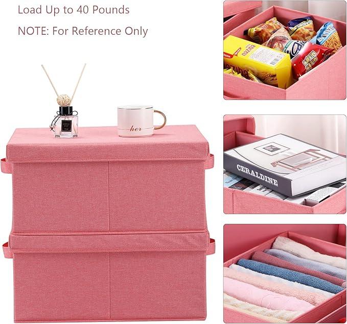 HOONEX Linen Foldable Storage Bins with Lids, 2 Pack, Storage Boxes with Carrying Handles and Sturdy Heavy Cardboard, 16.5