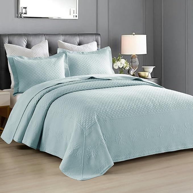 MarCielo 3-Piece 100% Cotton Oversized Bedspread Lightweight Quilt Coverlet Embroidery Farmhouse Bedding Set (TM Mint Green, Oversized Queen (100