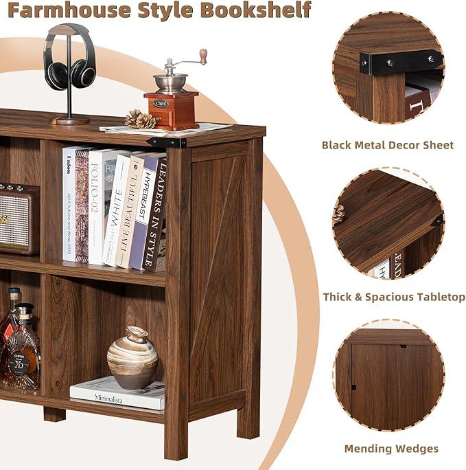 Farmhouse 6 Cube Book Shelf, Wood 3 Tier Storage Organizer Bookshelf, Brown Walnut 47