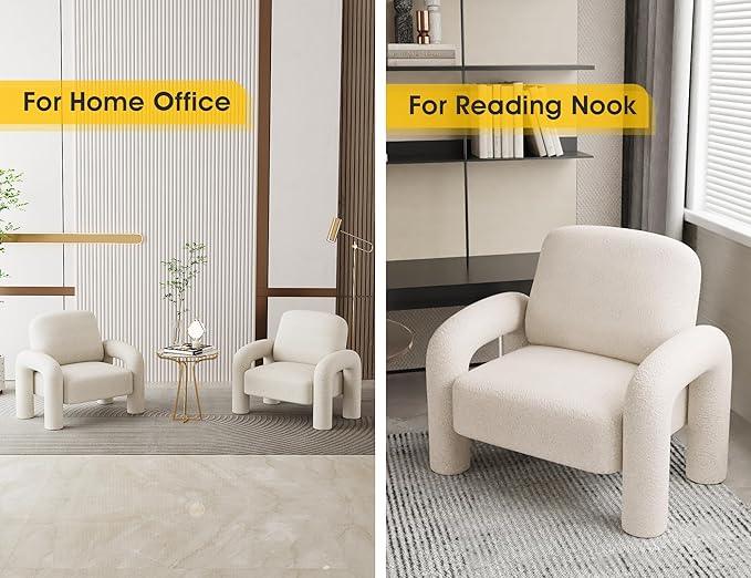 Modern Sherpa Accent Chair, Teddy Upholstered Arm Single Sofa, Cozy Fluffy Reading Chair for Living Room, Bedrooms, Corner (Cream White)