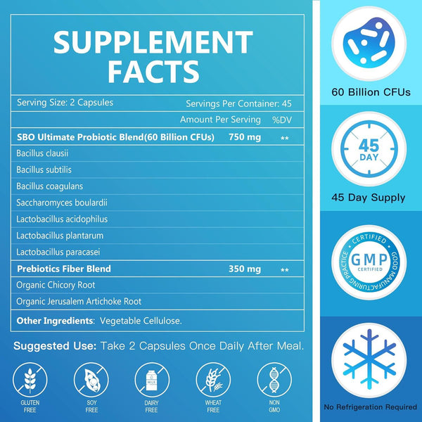 SBO Probiotics for Women & Men Digestive Health, Containing Spore-based Probiotics, Lactobacillus Probiotics, & Prebiotic Fiber for Immune Support