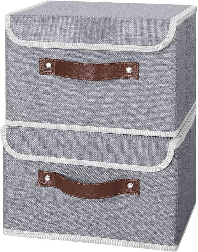 ANMINY 2PCS Storage Bins with Lid PU Leather Handles Storage Boxes PP Plastic Board Decorative Foldable Lidded Cotton Linen Fabric Home Cubes Baskets Closet Organizer Containers - Gray, Small Size