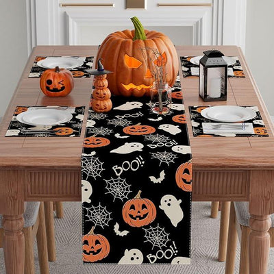 XCHI Boo Spooky Ghost Pumpkin Halloween Table Runner Burlap Table Decoration for Home Kitchen Dining Dinner Indoor Holiday Farmhouse Decor 13x120 Inch