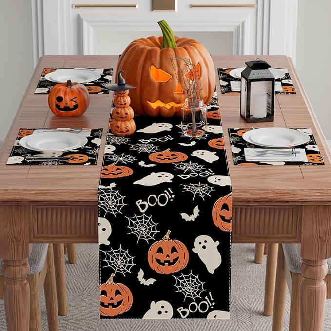 XCHI Boo Spooky Ghost Pumpkin Halloween Table Runner Burlap Table Decoration for Home Kitchen Dining Dinner Indoor Holiday Farmhouse Decor 13x72 Inch