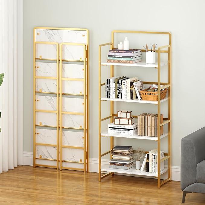 4NM No Assembly Foldable Bookshelf, 4-Shelf Collapsible Bookcase Storage for Small Spaces, 54