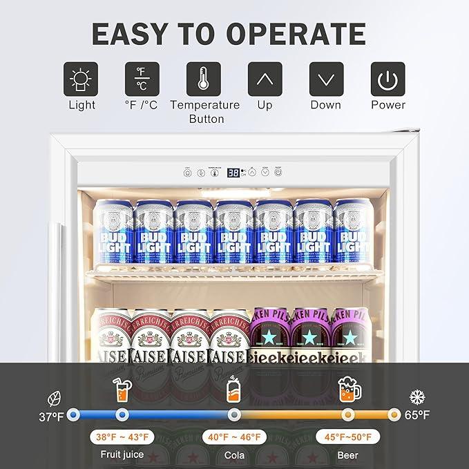 Beverage Refrigerator 24 Inch Drink Fridge, Beer Fridge, 150 Cans Beverage Cooler, Under Counter Refrigerator, Drink Cooler Undercounter Outdoor Refrigerators, Single Glass Door Bar Fridge