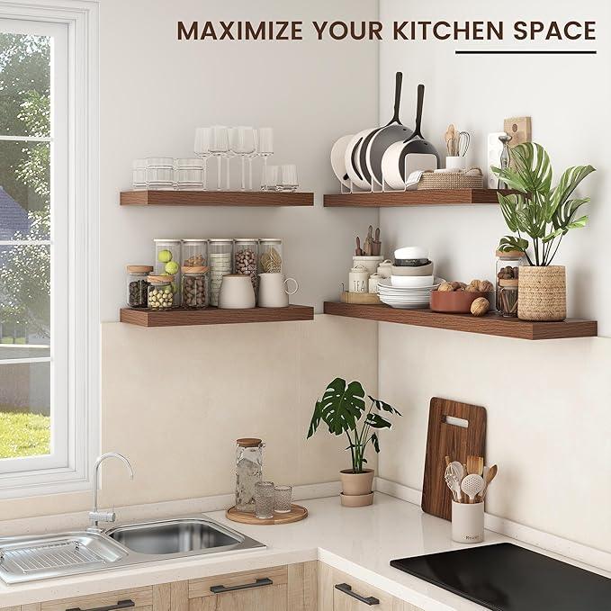 Floating Shelves - 2 Large Wall Mounted Shelves with Invisible Brackets, Long Walnut Wood Floating Wall Shelf for Living Room, Bedroom, Kitchen (36