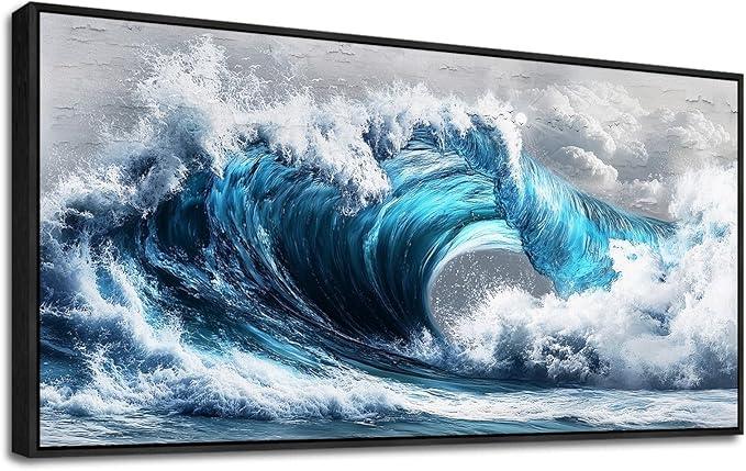 PHAOHUAXM Large Canvas Blue Wave Paintings Wall Art For Living Room Wall Decoration For Bedroom Ocean Wall Pictures Printing Office Decorations Posters Modern Home Decor Black Framed 30x60 In