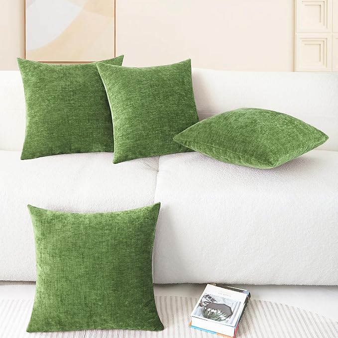 CaliTime Throw Pillow Covers Decorative 18 X 18 Inches Pack of 4 Cozy Chenille Cushion Cases for Couch Sofa Bed Living Room Home Forest Green
