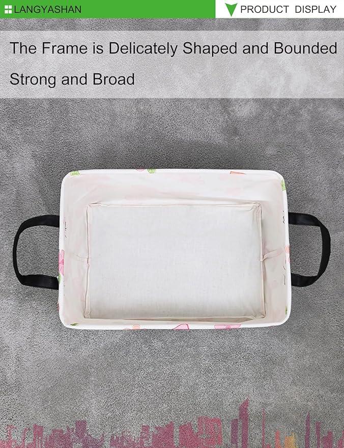 LANGYASHAN Rectangular Storage Bin Collapse Canvas Fabric Cartoon Storage Basket with Handles for Organizing Home Kitchen Boys and Girls Toys Office Closet Shelf Baskets (Rec Pink Butterfly)