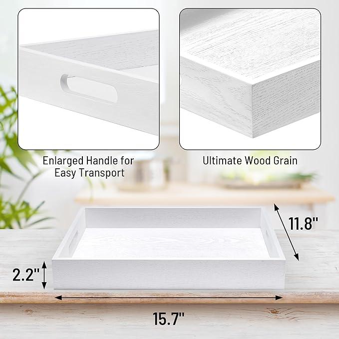 Wood Serving Tray with Handles, Home Decorative Wooden Rectangle Ottoman Decor Platter Vanity Tray for Breakfast Dinner Drinks Kitchen Dining Living Bathroom Restaurants White