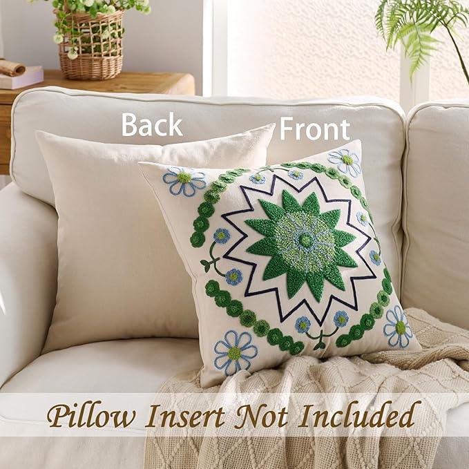 Embroidered Throw Pillow Cover 18x18 Classic Boho Floral Pattern Pillows Cover Outdoor Decorative Pillowcase,Durable Cozy Textured Cushion Case for Sofa Couch Bed Living Room,Green