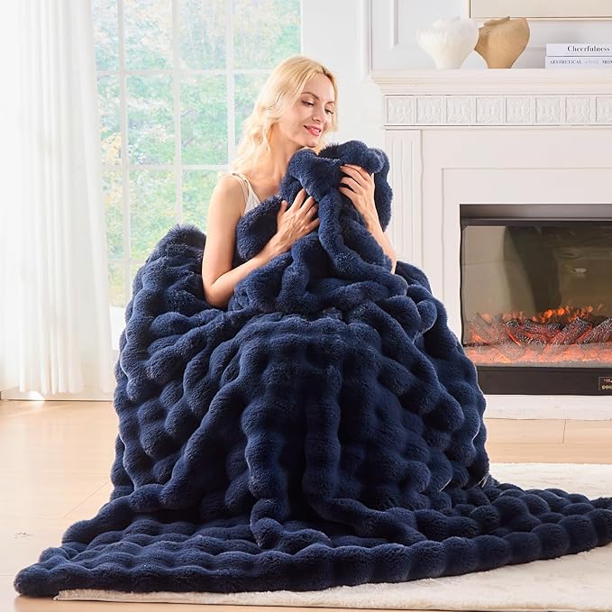BENVWE Fluffy Faux Fur Throw Blanket for Couch, Soft Plush Thick Cozy Fuzzy Luxury Minky Bubble Blanket for Home Living Room Decor Gift for Women, Navy Blue, 51