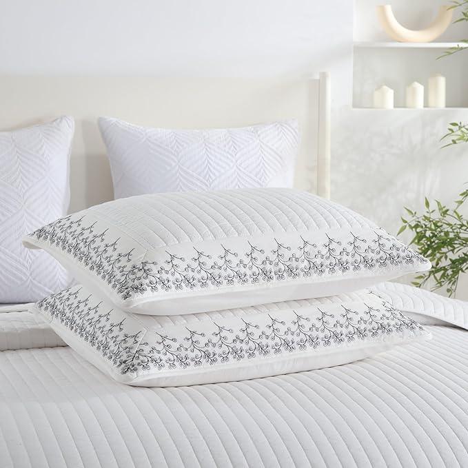 MarCielo 3-Piece 100% Cotton White Striped Quilt Set with Botanical Edge Embroidery TC(Sakura White,King(106
