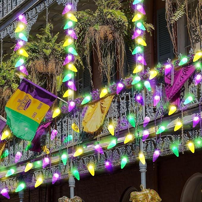 Solar Mardi Gras Lights, Yellow Green Purple Decor Lights, 100 LEDs 8 Modes Waterproof Solar Outdoor C6 Strawberry Garden Lights for Mardi Gras, Camping, Holiday, Arbor, Fence, Balcony Decorations