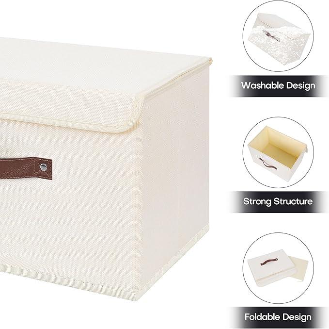 ANMINY 2PCS Storage Bins with Lid PU Leather Handles Storage Boxes PP Plastic Board Decorative Foldable Lidded Cotton Linen Fabric Home Cubes Baskets Closet Organizer Containers - Beige, Large Size