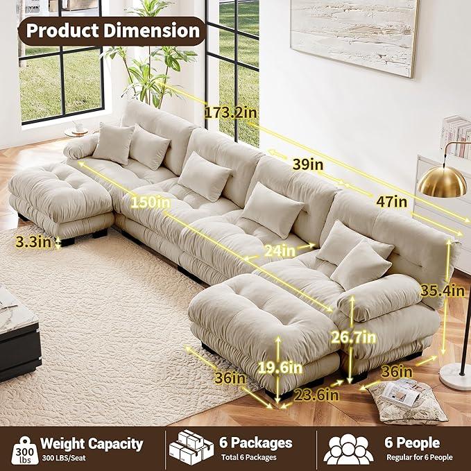 U Shaped Couch Sectional Couch, 4-Seater Cloud Couch Sectional Oversized Couch, Sofa Bed Couch with Round Bolster Armrests 6 Pillows, Modular Couch Home Sofa Living Room Couch