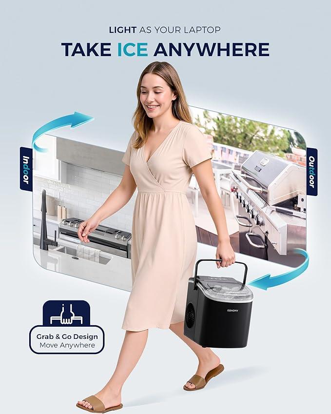 EUHOMY Countertop Ice Maker Machine with Handle, 26lbs in 24Hrs, 9 Ice Cubes Ready in 6 Mins, Auto-Cleaning Portable Ice Maker with Basket and Scoop, for Home/Kitchen/Camping/RV. (Black)