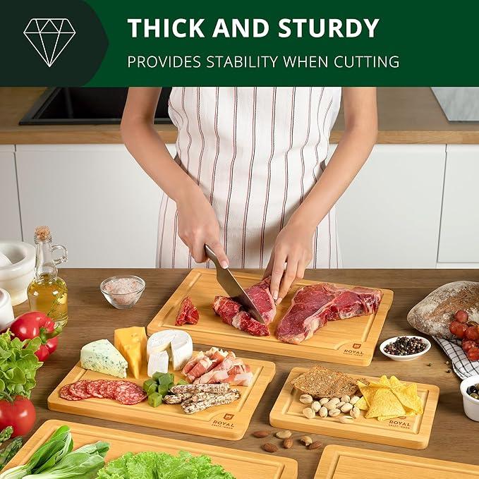 ROYAL CRAFT WOOD Wooden Serving Boards for Kitchen Meal Prep&Bamboo Wood Cutting Board Set with Deep Juice Groove Side Handles-Charcuterie & Chopping Butcher Block for Meat-Kitchen Gadgets Gift (5Pcs)