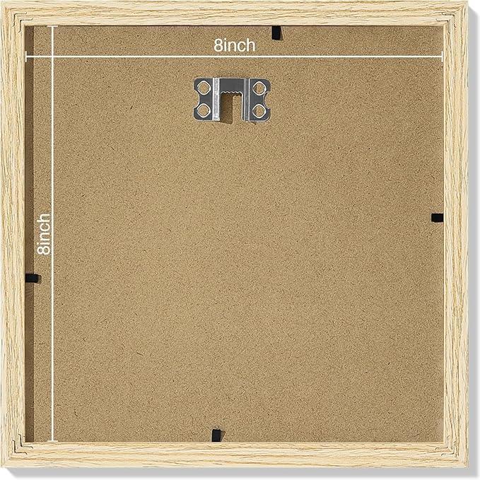 Vittanly 8x8 Picture Frames Set of 9, Shatter Resistant Plexiglass, Display 4x4 Pictures with Mat or 8x8 without Mat, Photo Frames for Wall Mount, Engineered Wood, OAK