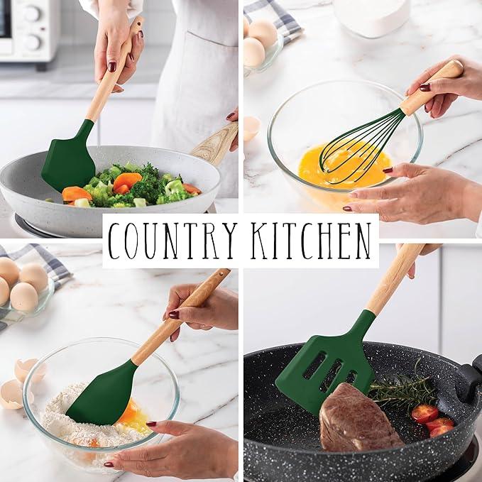 Country Kitchen Non Stick Silicone Utensil Set with Rounded Wood Handles for Cooking and Baking, 38 Piece Set, Green