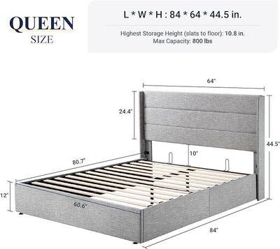 Allewie Queen Size Lift Up Storage Bed, Modern Wingback Headboard, Hydraulic Support, No Box Spring Needed, Light Grey