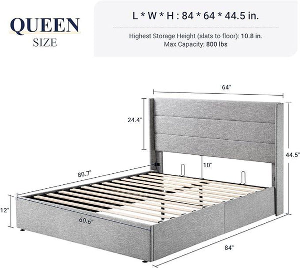 Allewie Queen Size Lift Up Storage Bed, Modern Wingback Headboard, Hydraulic Support, No Box Spring Needed, Light Grey