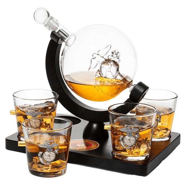 Marine Decanter Set With Four 3 oz Shot Glasses 1000ml Marines Gift Decanter by The Wine Savant - Marine Gifts, Army Gifts, Veteran Gifts