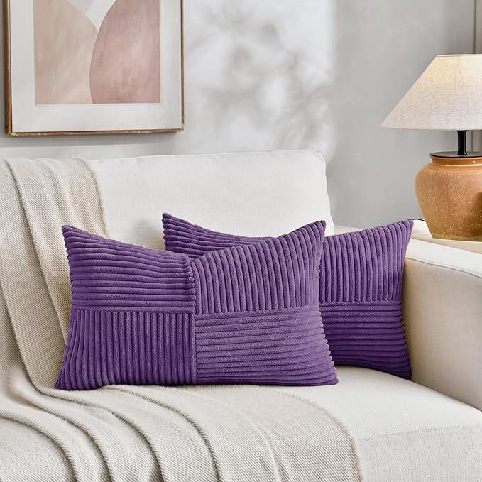 Fancy Homi 2 Packs Purple Long Lumbar Decorative Throw Pillow Covers 12x24 Inch for Living Room Couch Bed, Farmhouse Boho Home Decor, Soft Striped Corduroy Rectangle Accent Cushion Case 30x60 cm