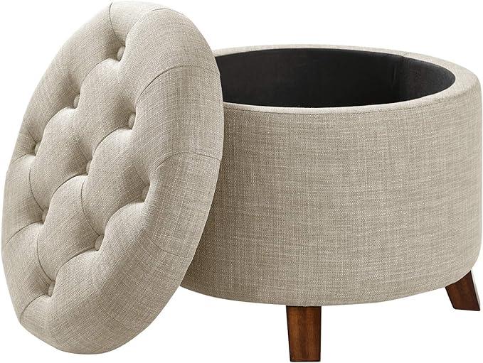 Amazon Basics Round Linen Ottoman with Storage, Tufted Upholstered Footstool for Living Room and Bedroom, 20