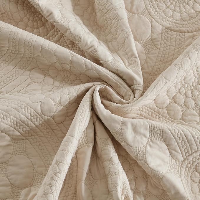 MarCielo 3-Piece 100% Cotton Oversized Bedspread Lightweight Quilt Coverlet Embroidery Farmhouse Bedding (Tf Khaki Beige, Oversized Queen (100