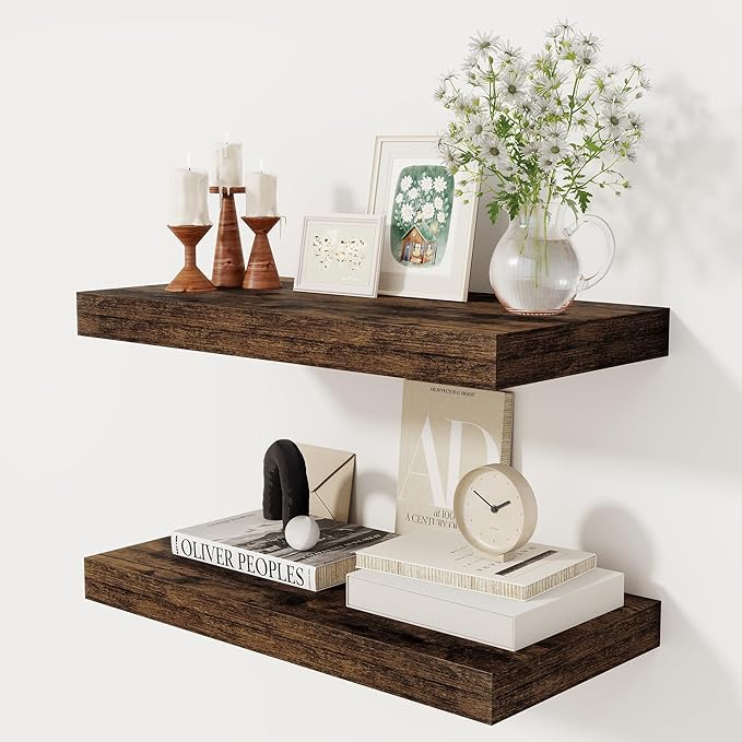 12 Inch Deep Floating Shelves, 24 x 12 Floating Shelf for Books, Rustic Wood Deep Wall Shelves for Home Storage & Display, 2