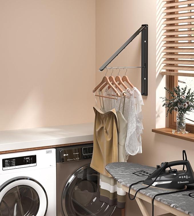 Dr.DJ Clothes Drying Rack Wall Mounted, Retractable & Foldable Clothes Hanger for Laundry Room Organization and Storage, Clothes Hanger Rack for Dorm, Closet, Balcony, Laundry Room(1P, Metal, Black)