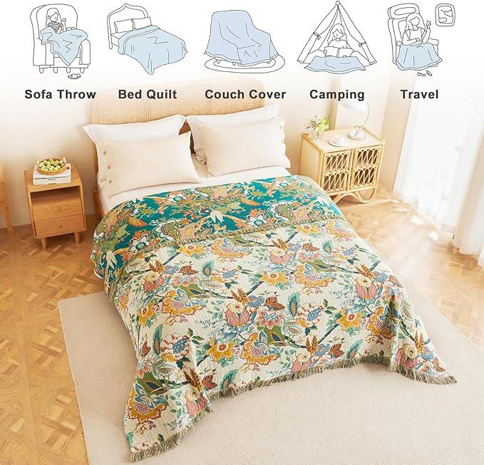 MSGKV Boho Throw Blanket for Couch Bed Chair 100% Cotton Muslin Breathable Vine Embroidery Blanket 50