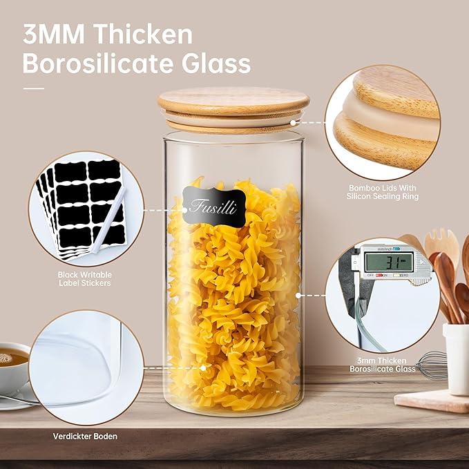 21oz - 4 Pack Glass Jars with Bamboo Lids, Glass Food Storage Containers with Airtight Lids, Air Tight Pantry Storage Containers for Coffee, Sugar, Spice, Meal Prep Jars for Salad & Fruit